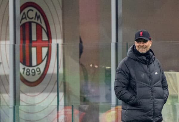 MILAN, ITALY - Tuesday, December 7, 2021: Liverpool's manager Jürgen Klopp during the UEFA Champions League Group B Matchday 6 game between AC Milan and Liverpool FC at the Stadio San Siro. Liverpool won 2-1. (Pic by David Rawcliffe/Propaganda)