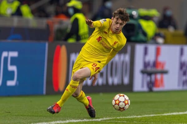 MILAN, ITALY - Tuesday, December 7, 2021: Liverpool's Conor Bradley during the UEFA Champions League Group B Matchday 6 game between AC Milan and Liverpool FC at the Stadio San Siro. Liverpool won 2-1. (Pic by David Rawcliffe/Propaganda)