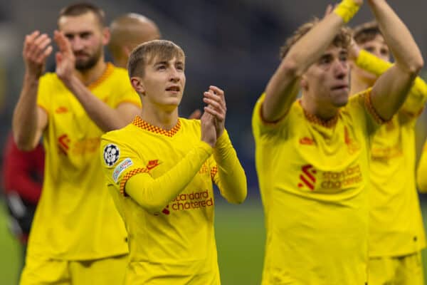 MILAN, ITALY - Tuesday, December 7, 2021: Liverpool's Max Woltman applauds the supporters after the UEFA Champions League Group B Matchday 6 game between AC Milan and Liverpool FC at the Stadio San Siro. Liverpool won 2-1. (Pic by David Rawcliffe/Propaganda)