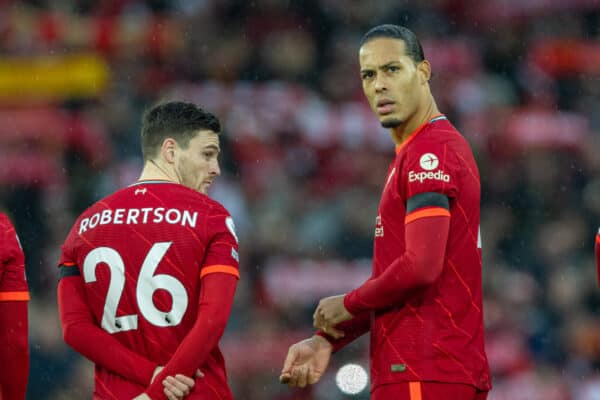 LIVERPOOL, ENGLAND - Saturday, December 11, 2021: Liverpool's Virgil van Dijk and team-mates line-up for a minute's applause in memory of former player Ray Kennedy before the FA Premier League match between Liverpool FC and Aston Villa FC at Anfield. Liverpool won 1-0. (Pic by David Rawcliffe/Propaganda)