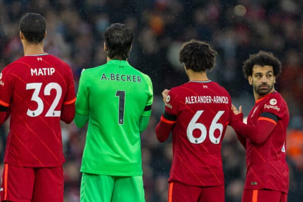 LIVERPOOL, ENGLAND - Saturday, December 11, 2021: Liverpool's Mohamed Salah and team-mates line-up for a minute's applause in memory of former player Ray Kennedy before the FA Premier League match between Liverpool FC and Aston Villa FC at Anfield. Liverpool won 1-0. (Pic by David Rawcliffe/Propaganda)