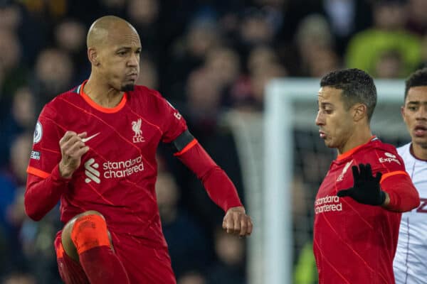 LIVERPOOL, ENGLAND - Saturday, December 11, 2021: Liverpool's Fabio Henrique Tavares 'Fabinho' (L)] and Thiago Alcantara during the FA Premier League match between Liverpool FC and Aston Villa FC at Anfield. Liverpool won 1-0. (Pic by David Rawcliffe/Propaganda)