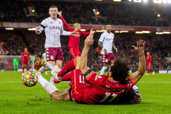 LIVERPOOL, ENGLAND - Saturday, December 11, 2021: Liverpool's Mohamed Salah is fouled by Aston Villa's Tyrone Mings for a penalty during the FA Premier League match between Liverpool FC and Aston Villa FC at Anfield. Liverpool won 1-0. (Pic by David Rawcliffe/Propaganda)