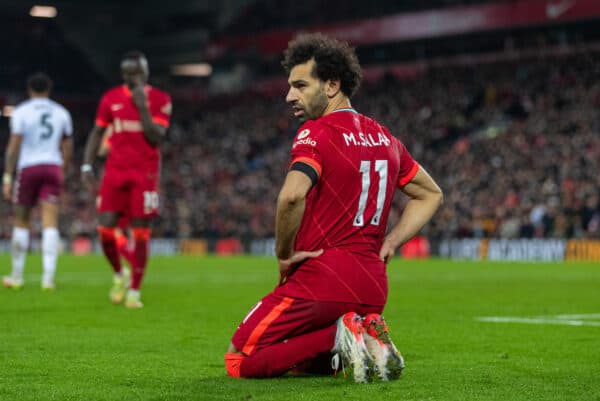 LIVERPOOL, ENGLAND - Saturday, December 11, 2021: Liverpool's Mohamed Salah reacts after a penalty is awarded during the FA Premier League match between Liverpool FC and Aston Villa FC at Anfield. Liverpool won 1-0. (Pic by David Rawcliffe/Propaganda)