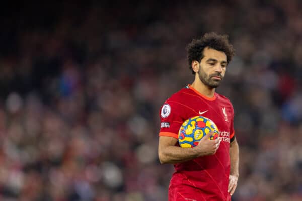 LIVERPOOL, ENGLAND - Saturday, December 11, 2021: Liverpool's Mohamed Salah prepares to take a penalty kick during the FA Premier League match between Liverpool FC and Aston Villa FC at Anfield. Liverpool won 1-0. (Pic by David Rawcliffe/Propaganda)