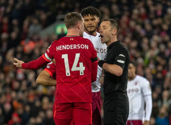 LIVERPOOL, ENGLAND - Saturday, December 11, 2021: Liverpool's captain Jordan Henderson and Aston Villa's Tyrone Mings speak with referee Stuart Atwell during the FA Premier League match between Liverpool FC and Aston Villa FC at Anfield. Liverpool won 1-0. (Pic by David Rawcliffe/Propaganda)