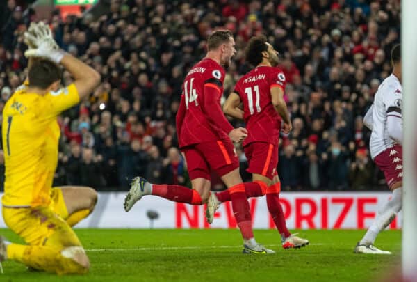 LIVERPOOL, ENGLAND - Saturday, December 11, 2021: Liverpool's Mohamed Salah celebrates after scoring the only goal of the game a penalty kick during the FA Premier League match between Liverpool FC and Aston Villa FC at Anfield. Liverpool won 1-0. (Pic by David Rawcliffe/Propaganda)