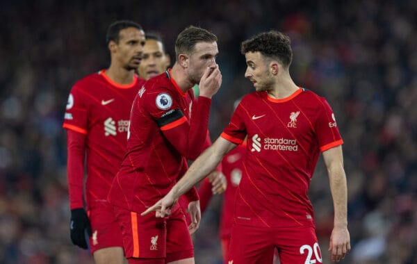 LIVERPOOL, ENGLAND - Saturday, December 11, 2021: Liverpool's captain Jordan Henderson (L) speaks with Diogo Jota during the FA Premier League match between Liverpool FC and Aston Villa FC at Anfield. Liverpool won 1-0. (Pic by David Rawcliffe/Propaganda)