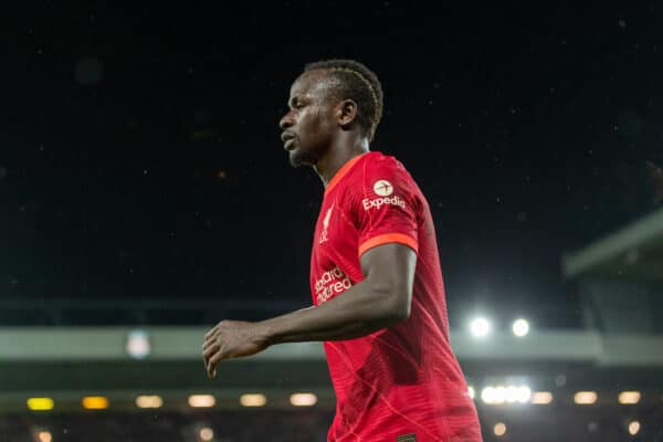 LIVERPOOL, ENGLAND - Saturday, December 11, 2021: Liverpool's Sadio Mané walks around the pitch after being substituted during the FA Premier League match between Liverpool FC and Aston Villa FC at Anfield. Liverpool won 1-0. (Pic by David Rawcliffe/Propaganda)