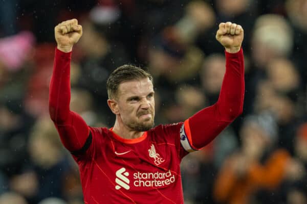 LIVERPOOL, ENGLAND - Saturday, December 11, 2021: Liverpool's captain Jordan Henderson celebrates after the FA Premier League match between Liverpool FC and Aston Villa FC at Anfield. Liverpool won 1-0. (Pic by David Rawcliffe/Propaganda)