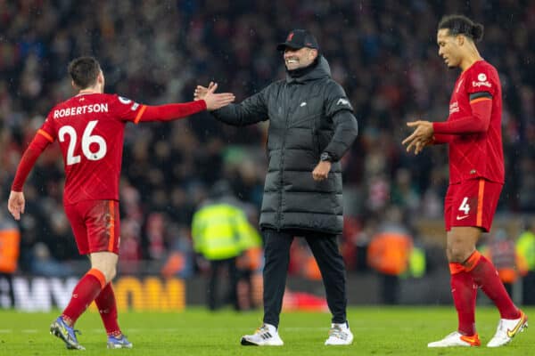 LIVERPOOL, ENGLAND - Saturday, December 11, 2021: Liverpool's manager Jürgen Klopp celebrates with Andy Robertson after the FA Premier League match between Liverpool FC and Aston Villa FC at Anfield. Liverpool won 1-0. (Pic by David Rawcliffe/Propaganda)