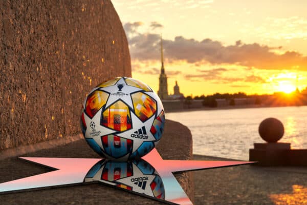 SAINT PETERSBURG, RUSSIA - Monday, December 13, 2021: The official Adidas match ball for the knock-out stages and finals of the 2021/22 UEFA Champions League, pictured in Saint Petersburg, Russia, where the final will be played at the Krestovsky Stadium. (Credit: Adidas)