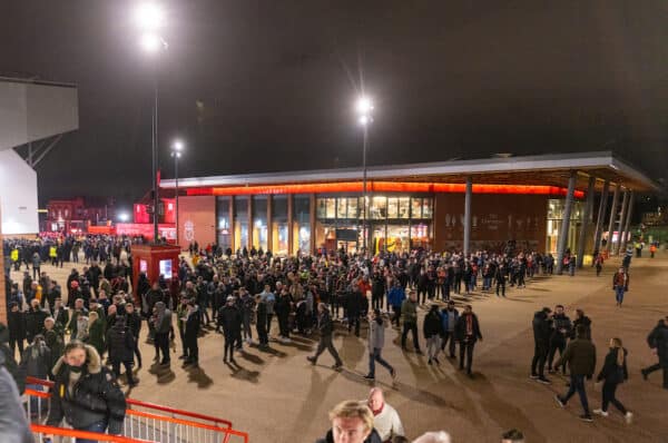 Liverpool supporters queue to enter the ground during the FA Premier League match between Liverpool FC and Newcastle United FC at Anfield. Liverpool won 3-1. (Pic by David Rawcliffe/Propaganda)