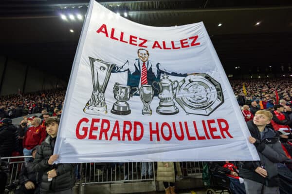 Liverpool supporters' banner 'Allez Allez Gerard Houllier' seen before the FA Premier League match between Liverpool FC and Newcastle United FC at Anfield. Liverpool won 3-1. (Pic by David Rawcliffe/Propaganda)