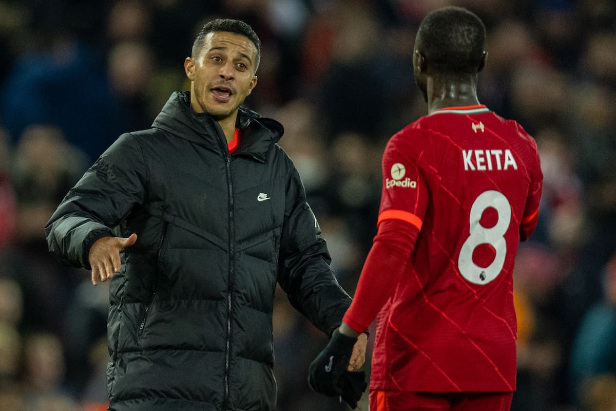 LIVERPOOL, ENGLAND - Thursday, December 16, 2021: Liverpool's Thiago Alcantara (L) and Naby Keita after the FA Premier League match between Liverpool FC and Newcastle United FC at Anfield. Liverpool won 3-1. (Pic by David Rawcliffe/Propaganda)