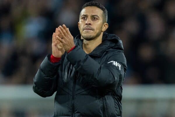 LIVERPOOL, ENGLAND - Thursday, December 16, 2021: Liverpool's Thiago Alcantara applauds the supporters after the FA Premier League match between Liverpool FC and Newcastle United FC at Anfield. Liverpool won 3-1. (Pic by David Rawcliffe/Propaganda)