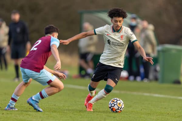 BURNLEY, ENGLAND - Saturday, December 18, 2021: Liverpool's Calum Scanlon during the Under-18 Premier League match between Burnley FC Under-18's and Liverpool FC Under-18's at The Barnfield Training Centre. Liverpool won 5-0. (Pic by David Rawcliffe/Propaganda)