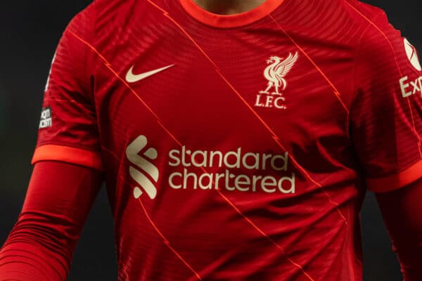 Nike kit 2021/22 badge standard chartered lfc. (Pic by David Rawcliffe/Propaganda)