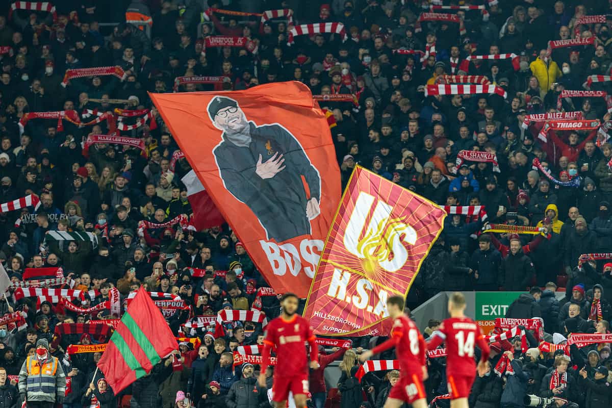LIVERPOOL, ENGLAND - Wednesday, December 22, 2021: Liverpool supporters' banners on the Spion Kop before the Football League Cup Quarter-Final match between Liverpool FC and Leicester City FC at Anfield. Liverpool won 5-4 on penalties after a 3-3 draw. (Pic by David Rawcliffe/Propaganda)