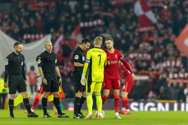 LIVERPOOL, ENGLAND - Wednesday, December 22, 2021: Liverpool's captain Jordan Henderson (R) and Leicester City's goalkeeper Kasper Schmeichel before the Football League Cup Quarter-Final match between Liverpool FC and Leicester City FC at Anfield. Liverpool won 5-4 on penalties after a 3-3 draw. (Pic by David Rawcliffe/Propaganda)