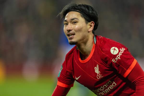 LIVERPOOL, ENGLAND - Wednesday, December 22, 2021: Liverpool's Takumi Minamino during the Football League Cup Quarter-Final match between Liverpool FC and Leicester City FC at Anfield. Liverpool won 5-4 on penalties after a 3-3 draw. (Pic by David Rawcliffe/Propaganda)