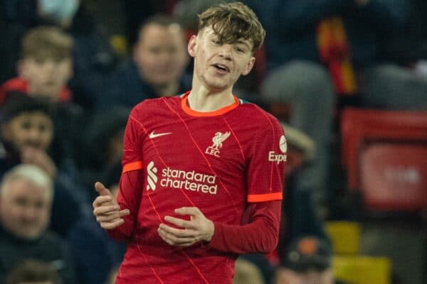 LIVERPOOL, ENGLAND - Wednesday, December 22, 2021: Liverpool's Conor Bradley during the Football League Cup Quarter-Final match between Liverpool FC and Leicester City FC at Anfield. Liverpool won 5-4 on penalties after a 3-3 draw. (Pic by David Rawcliffe/Propaganda)