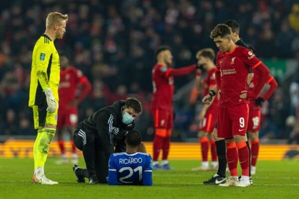 LIVERPOOL, ENGLAND - Wednesday, December 22, 2021: Leicester City's Ricardo Pereira is treated for an injury during the Football League Cup Quarter-Final match between Liverpool FC and Leicester City FC at Anfield. Liverpool won 5-4 on penalties after a 3-3 draw. (Pic by David Rawcliffe/Propaganda)