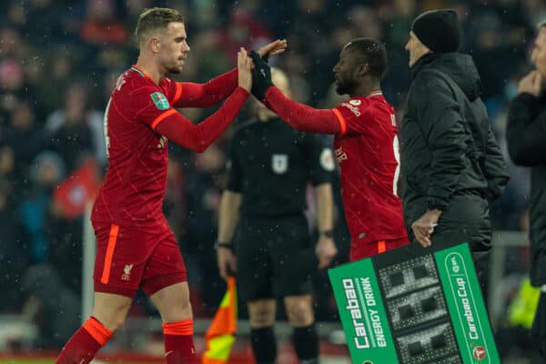 LIVERPOOL, ENGLAND - Wednesday, December 22, 2021: Liverpool's captain Jordan Henderson is replaced by substitute Naby Keita during the Football League Cup Quarter-Final match between Liverpool FC and Leicester City FC at Anfield. Liverpool won 5-4 on penalties after a 3-3 draw. (Pic by David Rawcliffe/Propaganda)