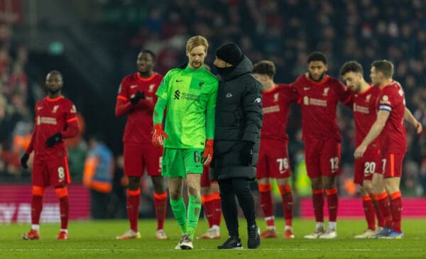 LIVERPOOL, ENGLAND - Wednesday, December 22, 2021: Liverpool's goalkeeper Caoimhin Kelleher prepares for the penalty shoot-out during the Football League Cup Quarter-Final match between Liverpool FC and Leicester City FC at Anfield. Liverpool won 5-4 on penalties after a 3-3 draw. (Pic by David Rawcliffe/Propaganda)