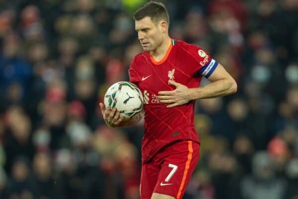 LIVERPOOL, ENGLAND - Wednesday, December 22, 2021: Liverpool's James Milner's walks up to take his side's first penalty of the shoot-out during the Football League Cup Quarter-Final match between Liverpool FC and Leicester City FC at Anfield. Liverpool won 5-4 on penalties after a 3-3 draw. (Pic by David Rawcliffe/Propaganda)