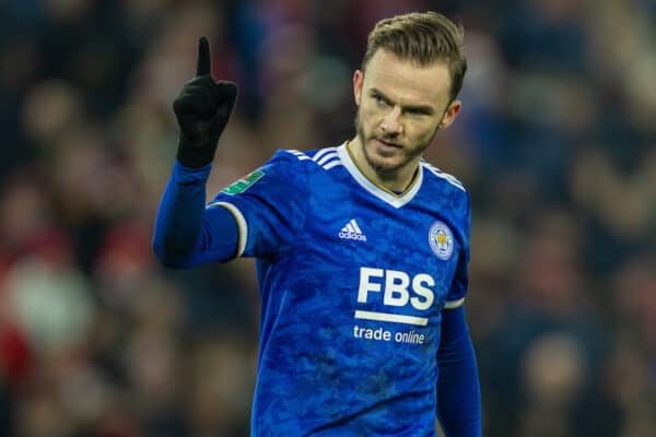 LIVERPOOL, ENGLAND - Wednesday, December 22, 2021: Leicester City's James Maddison celebrates after scoring his side's second penalty of the shoot-out during the Football League Cup Quarter-Final match between Liverpool FC and Leicester City FC at Anfield. Liverpool won 5-4 on penalties after a 3-3 draw. (Pic by David Rawcliffe/Propaganda)