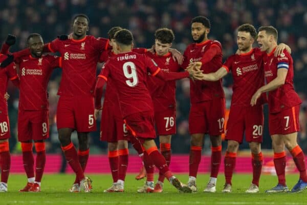 LIVERPOOL, ENGLAND - Wednesday, December 22, 2021: Liverpool's Roberto Firmino celebrates with team-mates after scoring the second penalty of the shoot-out during the Football League Cup Quarter-Final match between Liverpool FC and Leicester City FC at Anfield. Liverpool won 5-4 on penalties after a 3-3 draw. (Pic by David Rawcliffe/Propaganda)