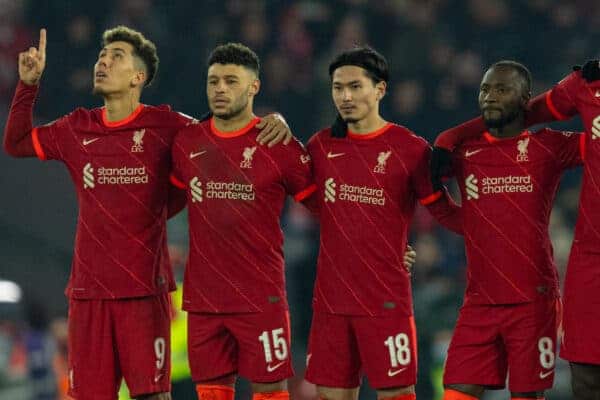 LIVERPOOL, ENGLAND - Wednesday, December 22, 2021: Liverpool players look on during the penalty shoot-out during the Football League Cup Quarter-Final match between Liverpool FC and Leicester City FC at Anfield. Liverpool won 5-4 on penalties after a 3-3 draw. (L-R) Roberto Firmino, Alex Oxlade-Chamberlain, Takumi Minamino, Naby Keita, Ibrahima Konaté, Owen Beck, Neco Williams, Joe Gomez, Diogo Jota, James Milner. (Pic by David Rawcliffe/Propaganda)