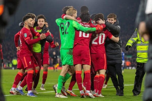 LIVERPOOL, ENGLAND - Wednesday, December 22, 2021: Liverpool players celebrate after Diogo Jota scores the decisive penalty in the shoot-out after the Football League Cup Quarter-Final match between Liverpool FC and Leicester City FC at Anfield. Liverpool won 5-4 on penalties after a 3-3 draw. (Pic by David Rawcliffe/Propaganda)