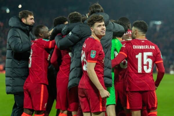 LIVERPOOL, ENGLAND - Wednesday, December 22, 2021: Neco Williams and Liverpool players celebrate after Diogo Jota scores the decisive penalty in the shoot-out after the Football League Cup Quarter-Final match between Liverpool FC and Leicester City FC at Anfield. Liverpool won 5-4 on penalties after a 3-3 draw. (Pic by David Rawcliffe/Propaganda)