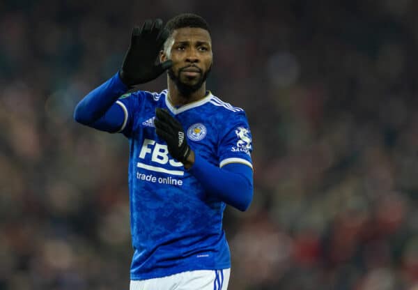 LIVERPOOL, ENGLAND - Wednesday, December 22, 2021: Leicester City's Kelechi Iheanacho applauds the supporters after the Football League Cup Quarter-Final match between Liverpool FC and Leicester City FC at Anfield. Liverpool won 5-4 on penalties after a 3-3 draw. (Pic by David Rawcliffe/Propaganda)