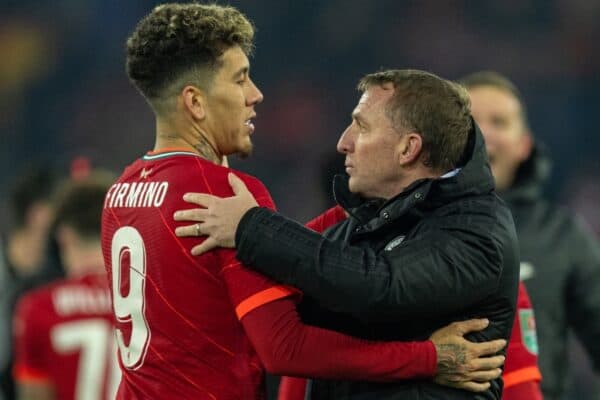 LIVERPOOL, ENGLAND - Wednesday, December 22, 2021: Leicester City's manager Brendan Rodgers (R) embraces Liverpool's Roberto Firmino after the Football League Cup Quarter-Final match between Liverpool FC and Leicester City FC at Anfield. Liverpool won 5-4 on penalties after a 3-3 draw. (Pic by David Rawcliffe/Propaganda)