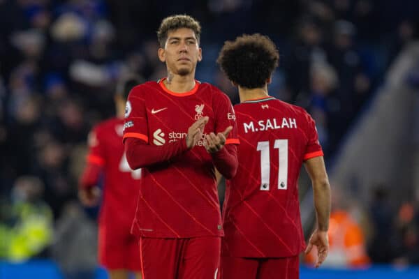 LEICESTER, ENGLAND - Tuesday, December 28, 2021: Liverpool's Roberto Firmino applauds the travelling supporters after the FA Premier League match between Leicester City FC and Liverpool FC at the King Power Stadium. Leicester City won 1-0. (Pic by David Rawcliffe/Propaganda)