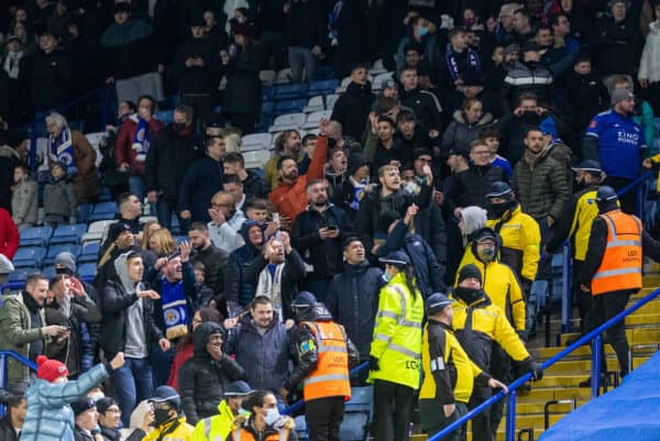 LEICESTER, ENGLAND - Tuesday, December 28, 2021: Leicester City supporter gesture to the travelling fans during the FA Premier League match between Leicester City FC and Liverpool FC at the King Power Stadium. Leicester City won 1-0. (Pic by David Rawcliffe/Propaganda)