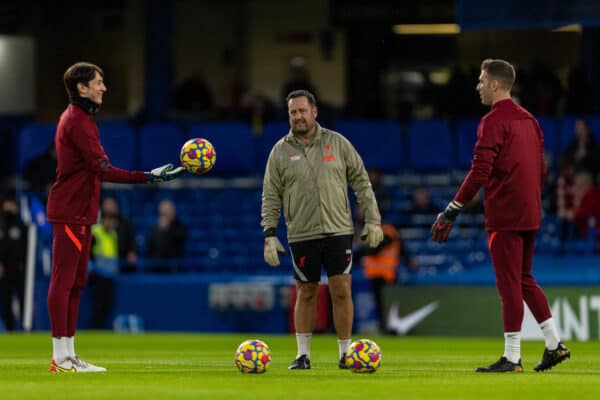 LONDON, ENGLAND - Sunday, January 2, 2022: Liverpool's goalkeeping coach Mark Morris (C) with goalkeepers Marcelo Pitaluga (L) and Adrián San Miguel del Castillo (R) during the FA Premier League match between Chelsea FC and Liverpool FC at Stamford Bridge. (Pic by David Rawcliffe/Propaganda)