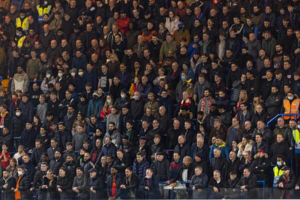 LONDON, ENGLAND - Sunday, January 2, 2022: Liverpool supporters in the safe standing area during the FA Premier League match between Chelsea FC and Liverpool FC at Stamford Bridge. The game ended in a 2-2 draw. (Pic by David Rawcliffe/Propaganda)