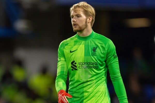 LONDON, ENGLAND - Sunday, January 2, 2022: Liverpool's goalkeeper Caoimhin Kelleher during the FA Premier League match between Chelsea FC and Liverpool FC at Stamford Bridge. The game ended in a 2-2 draw. (Pic by David Rawcliffe/Propaganda)