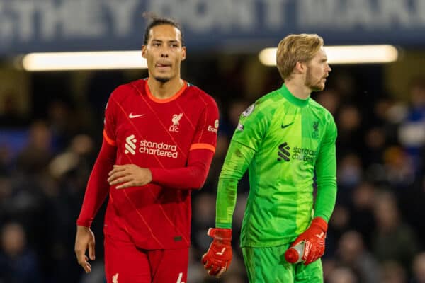 LONDON, ENGLAND - Sunday, January 2, 2022: Liverpool's Virgil van Dijk (L) and goalkeeper Caoimhin Kelleher after the FA Premier League match between Chelsea FC and Liverpool FC at Stamford Bridge. The game ended in a 2-2 draw. (Pic by David Rawcliffe/Propaganda)