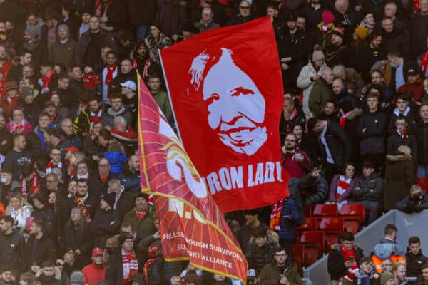 LIVERPOOL, ENGLAND - Sunday, January 9, 2022: Liverpool supporters' banner "Iron Lady" in memory of Hillsborough justice campaigner Anne Williams during the FA Cup 3rd Round match between Liverpool FC and Shrewsbury Town FC at Anfield. Liverpool won 4-1. (Pic by David Rawcliffe/Propaganda)