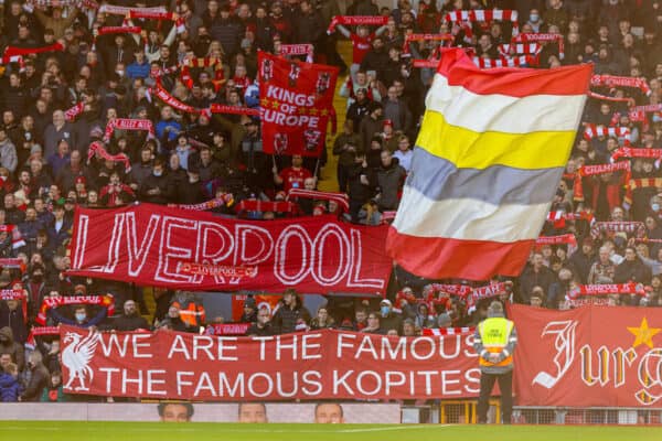 LIVERPOOL, ENGLAND - Sunday, January 9, 2022: Liverpool supporters on the Spion Kop before the FA Cup 3rd Round match between Liverpool FC and Shrewsbury Town FC at Anfield. Liverpool won 4-1. (Pic by David Rawcliffe/Propaganda)