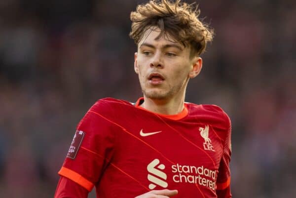 LIVERPOOL, ENGLAND - Sunday, January 9, 2022: Liverpool's Conor Bradley during the FA Cup 3rd Round match between Liverpool FC and Shrewsbury Town FC at Anfield. Liverpool won 4-1. (Pic by David Rawcliffe/Propaganda)