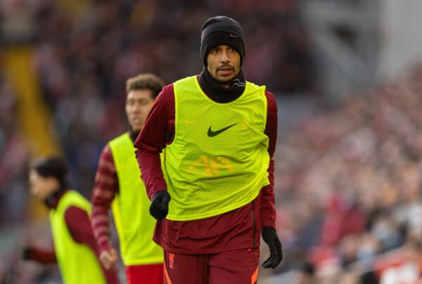 LIVERPOOL, ENGLAND - Sunday, January 9, 2022: Liverpool's Joel Matip warm-up during the FA Cup 3rd Round match between Liverpool FC and Shrewsbury Town FC at Anfield. Liverpool won 4-1. (Pic by David Rawcliffe/Propaganda)