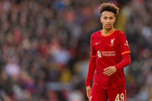 LIVERPOOL, ENGLAND - Sunday, January 9, 2022: Liverpool's Kaide Gordon during the FA Cup 3rd Round match between Liverpool FC and Shrewsbury Town FC at Anfield. Liverpool won 4-1. (Pic by David Rawcliffe/Propaganda)