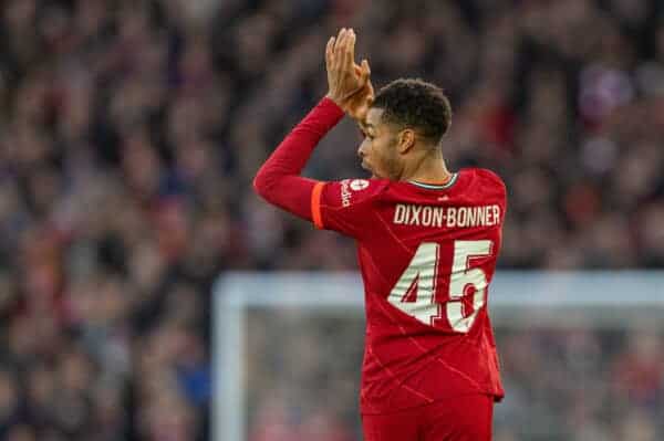 LIVERPOOL, ENGLAND - Sunday, January 9, 2022: Liverpool's Elijah Dixon-Bonner applauds the supporters as he is substituted during the FA Cup 3rd Round match between Liverpool FC and Shrewsbury Town FC at Anfield. Liverpool won 4-1. (Pic by David Rawcliffe/Propaganda)