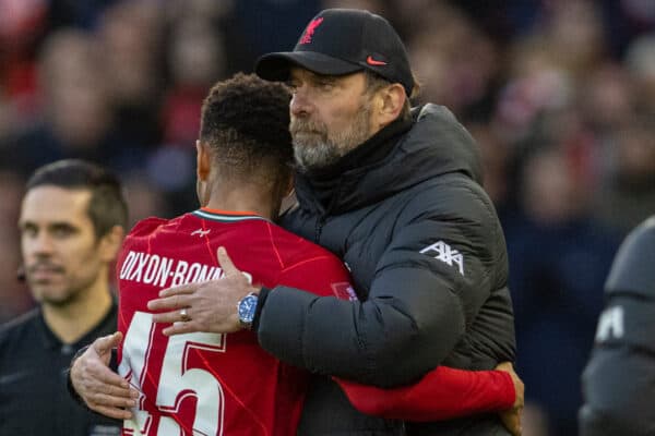 LIVERPOOL, ENGLAND - Sunday, January 9, 2022: Liverpool's Elijah Dixon-Bonner embraces Manager Jurgen Klopp as he is substituted during the FA Cup 3rd Round match between Liverpool FC and Shrewsbury Town FC at Anfield. Liverpool won 4-1. (Pic by David Rawcliffe/Propaganda)